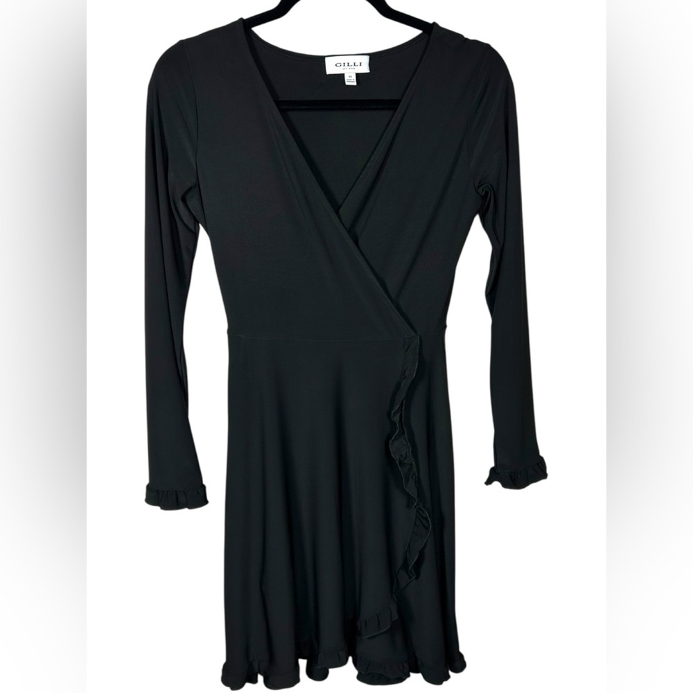 Gilli Black V Neck Faux Wrap Ruffle Balletcore Stitch Fix Stretch Dress XS‎